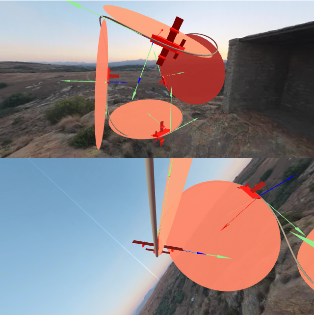Animaci&oacute;n do triedro de Frenet, a curvatura e a torsi&oacute;n cun avi&oacute;n e un fondo de paisaxe dunha curva dada polo teorema fundamental.